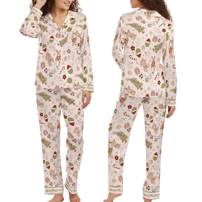 Dreamy Sleepwear & Lingerie Mischief Christmas Pajama Set for Women – Funny Naughty Pajamas with Retro Anti-Christmas Print – Cozy Red Green Long Sleeve Holiday Sleepwear – Winter Lounge Outfit Gift Breathable Smooth Candy